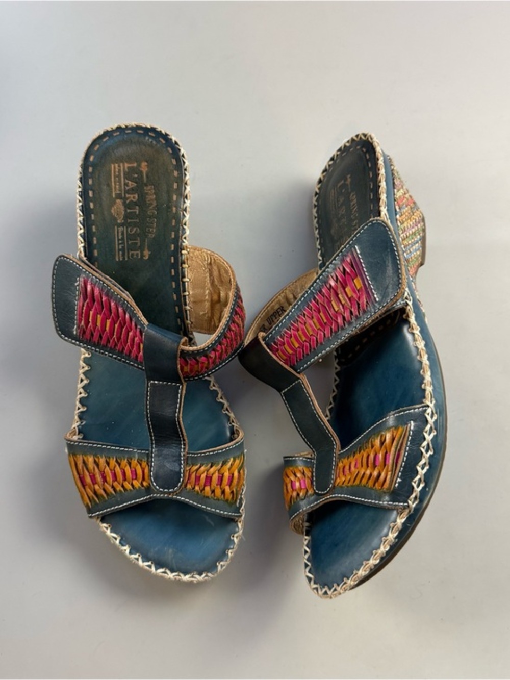 L’Artiste by Spring Step Leather Woven T-Strap Sandals Southwestern Boho EU 39